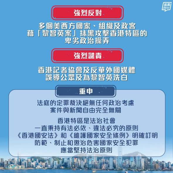 【强烈反对】特区政府就多个美西方国家、反华媒体、组织及政客，在特区法庭严格依照法律和证据就「黎智英案」颁下定罪判决后，完全无视法治精神，恶意攻击香港特区，作出种种失实言论和污蔑抹黑，表示强烈不满和反对。