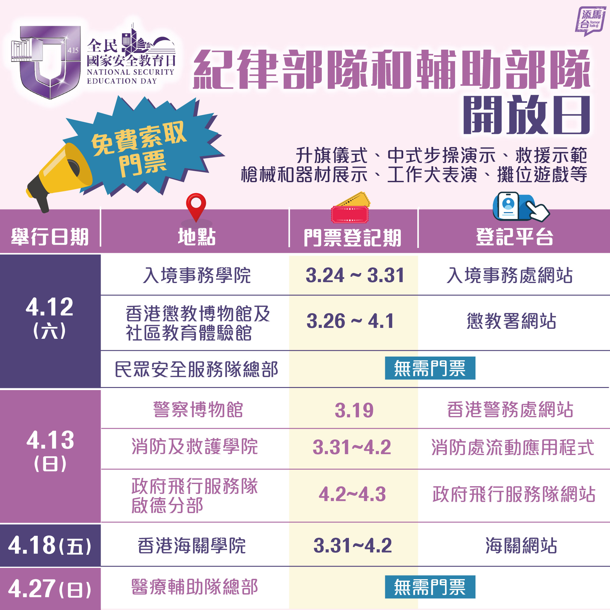【纪律部队和辅助部队开放日🎊】为配合第10个「全民国家安全教育日」🇨🇳🇭🇰，保安局辖下8支纪律部队和辅助部队将分别于4月内不同的周末及假日举行开放日。有兴趣的市民由即日（3月19日）起，可于相关纪律部队的网站，或流动应用程式📲登记索取免费门票。